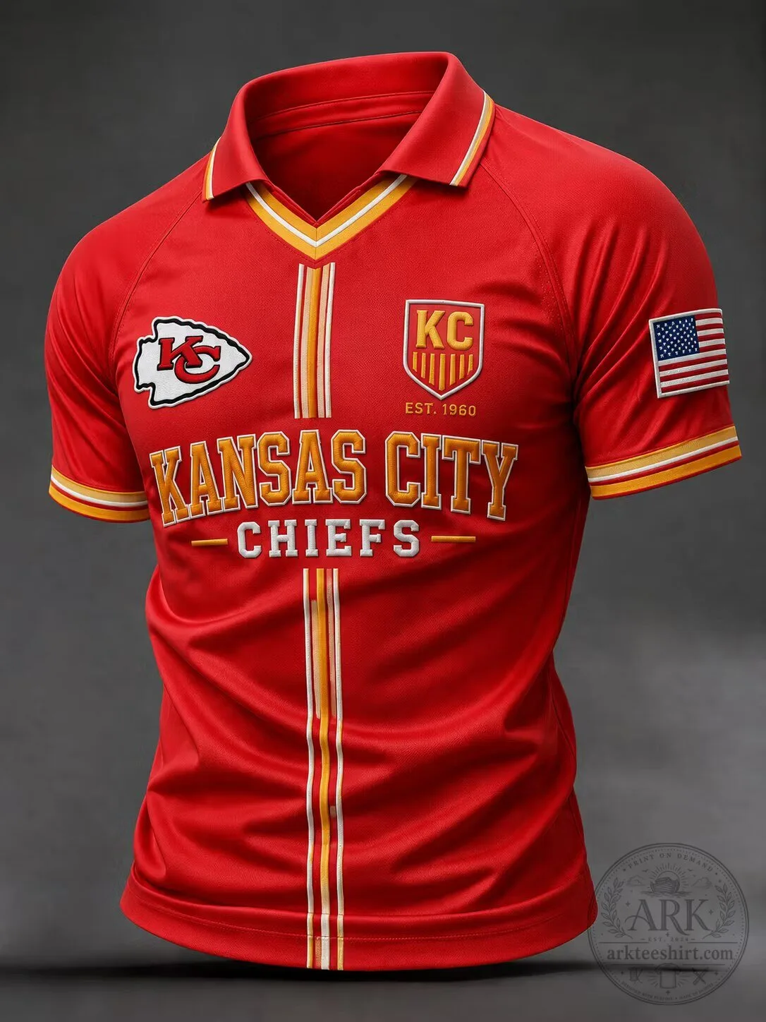 Kansas City Chiefs Red Football Polo Shirt with American Flag Sleeve