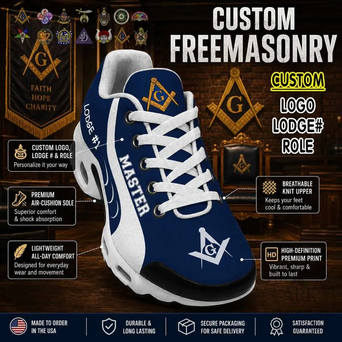 Freemasonry Master Custom Lodge Number Blue and White Athletic Shoes
