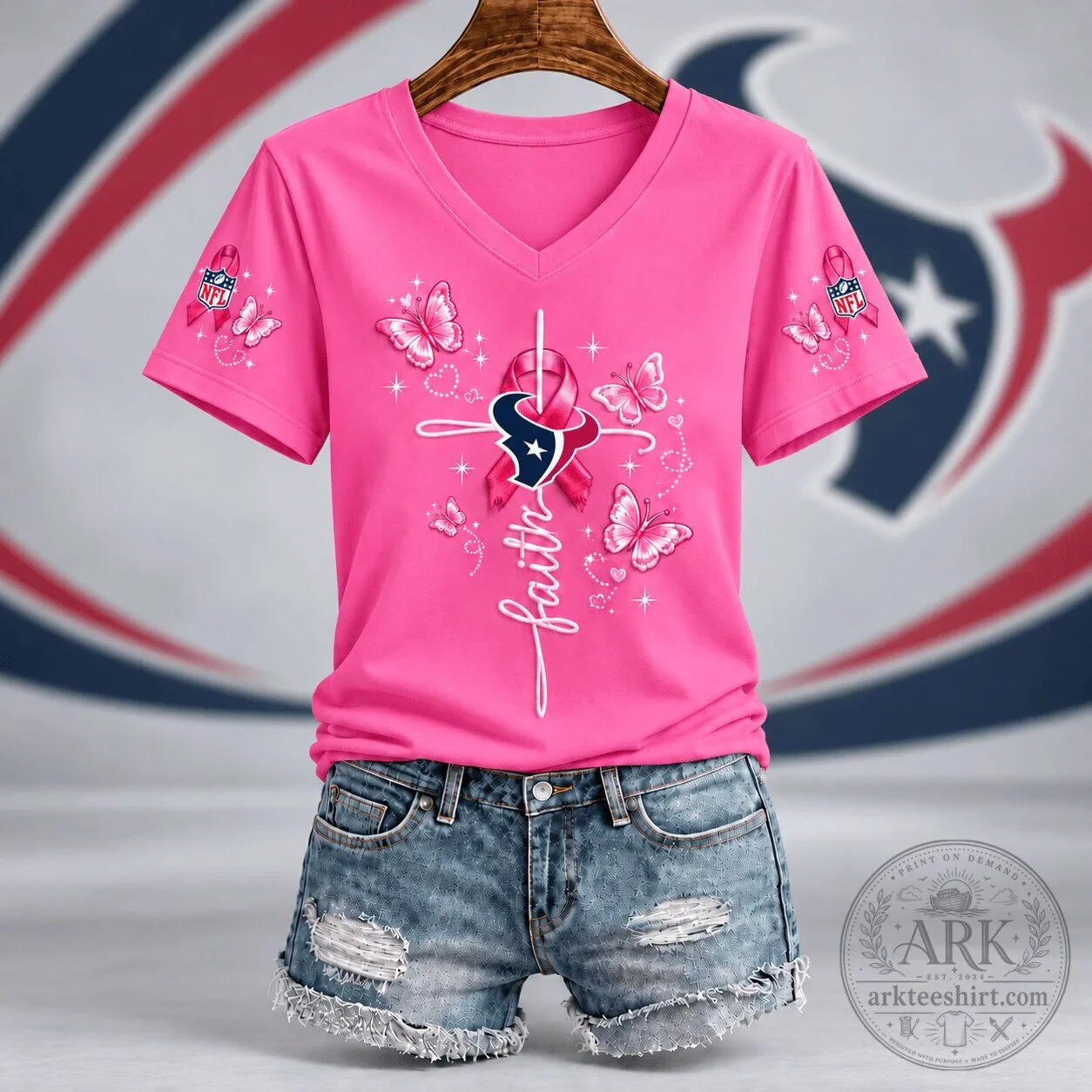 Houston Texans Faith Hope Love Breast Cancer Awareness Pink V-Neck T-Shirt