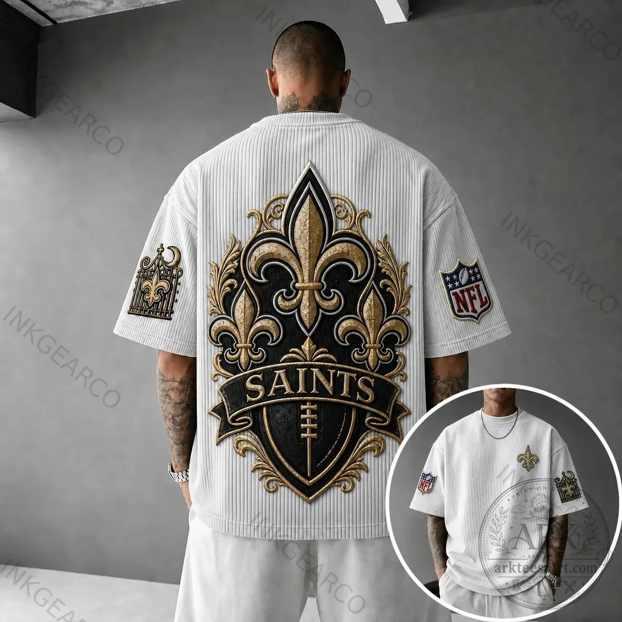 New Orleans Saints NFL Football Team Fleur De Lis Emblem White Striped T-Shirt