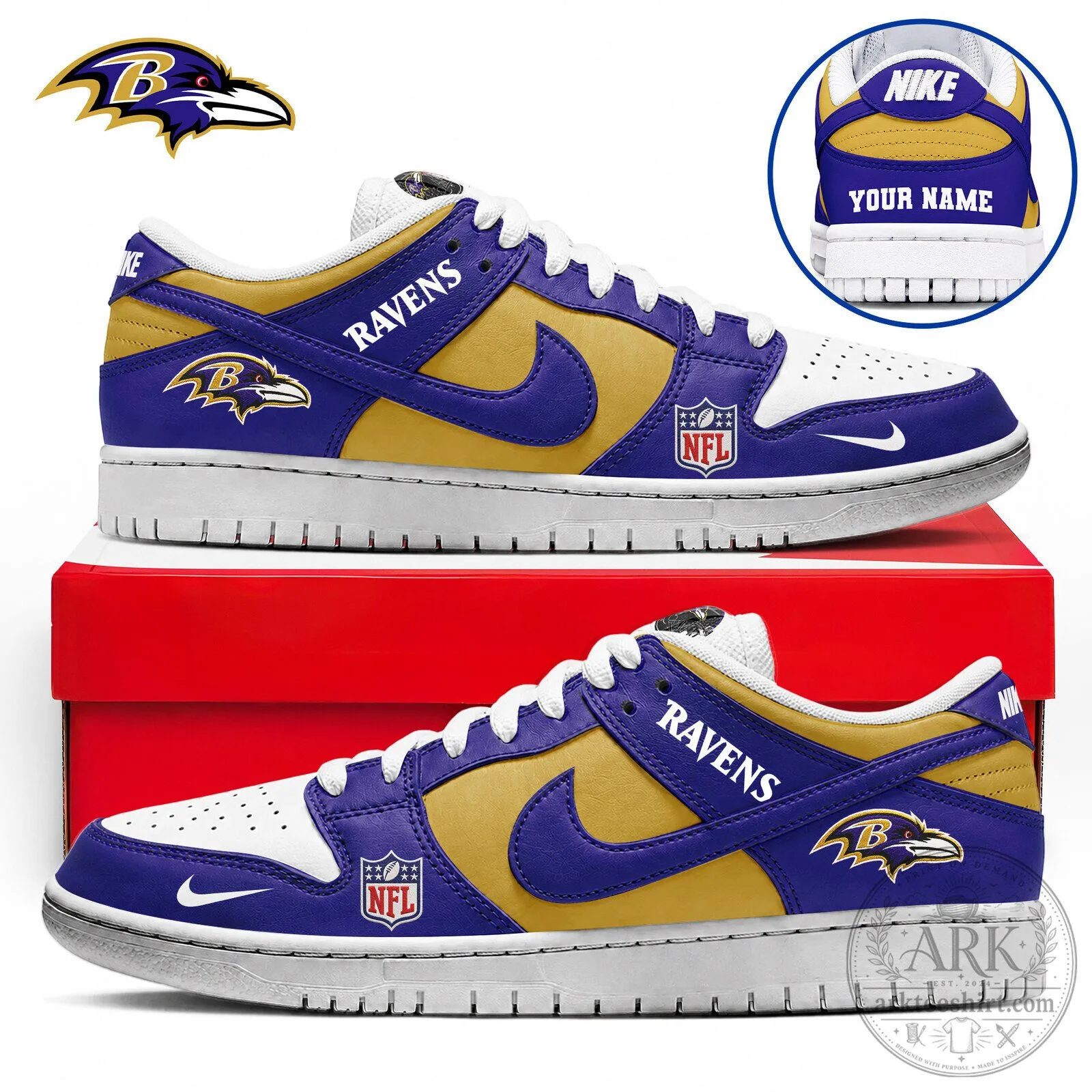 Baltimore Ravens NFL Team Custom Name Gold Purple Dunk Low Sneakers