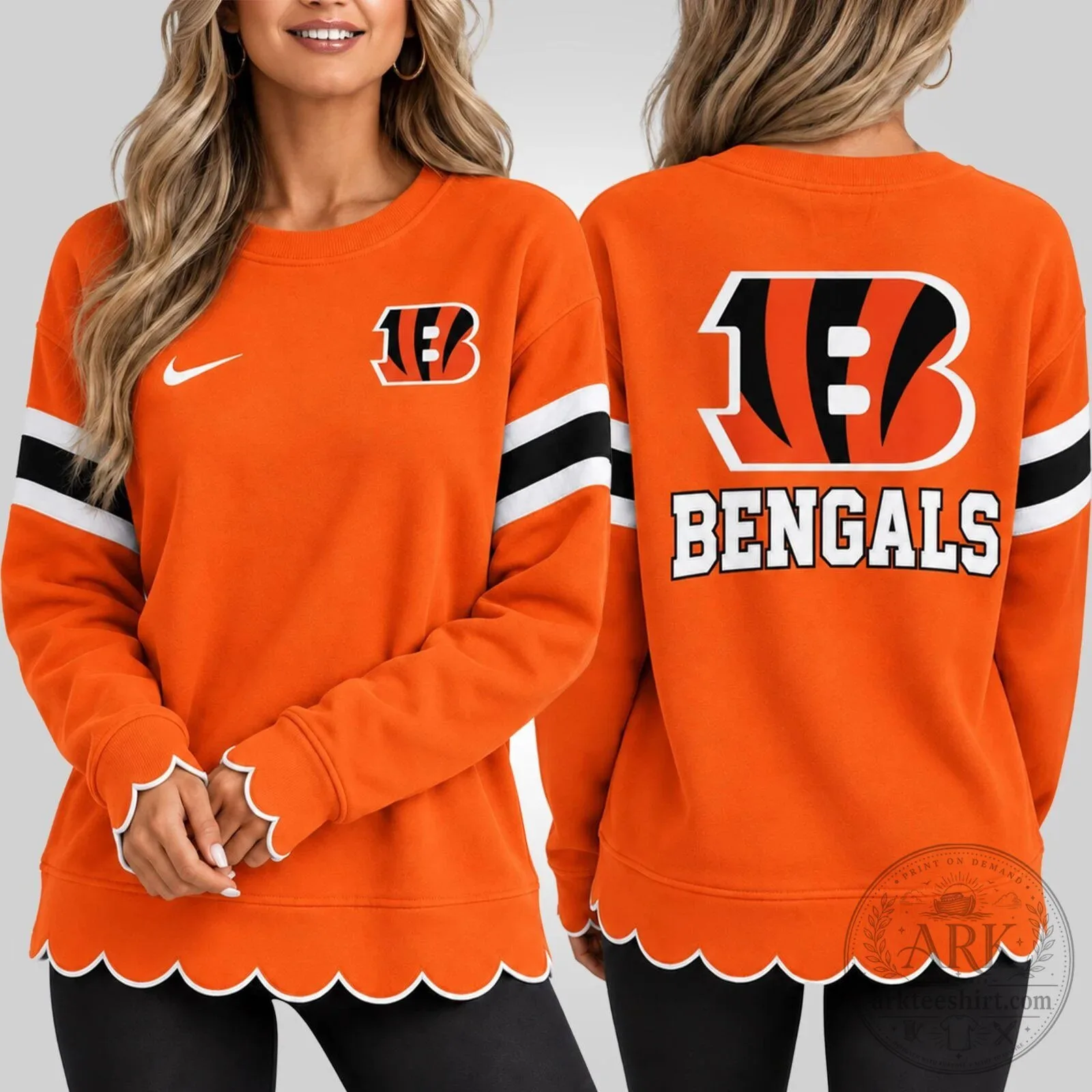 Cincinnati Bengals Women's Scalloped Hem Crewneck Sweatshirt 1 Cincinnati Bengals Women's Scalloped Hem Crewneck Sweatshirt