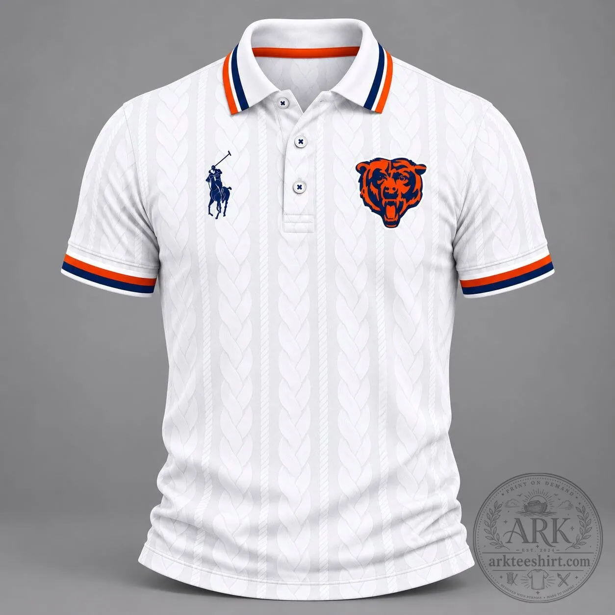 Chicago Bears NFL Team Logo White Cable Knit Design Polo Shirt for Men