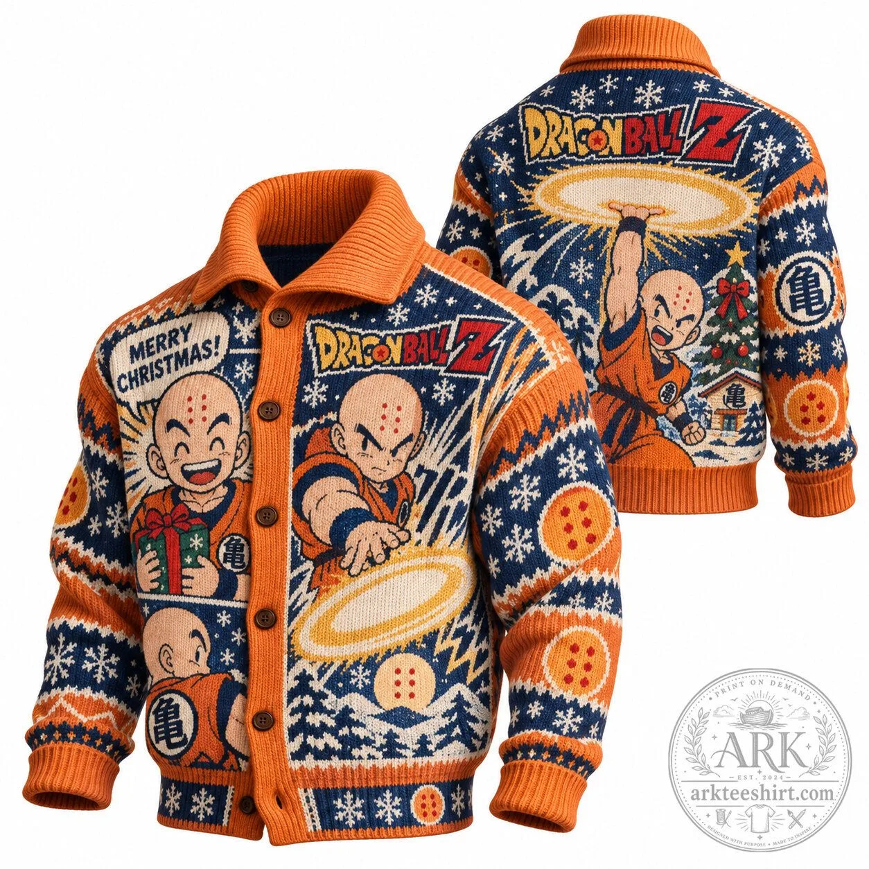Dragon Ball Z Krillin Merry Christmas Anime Ugly Sweater Cardigan