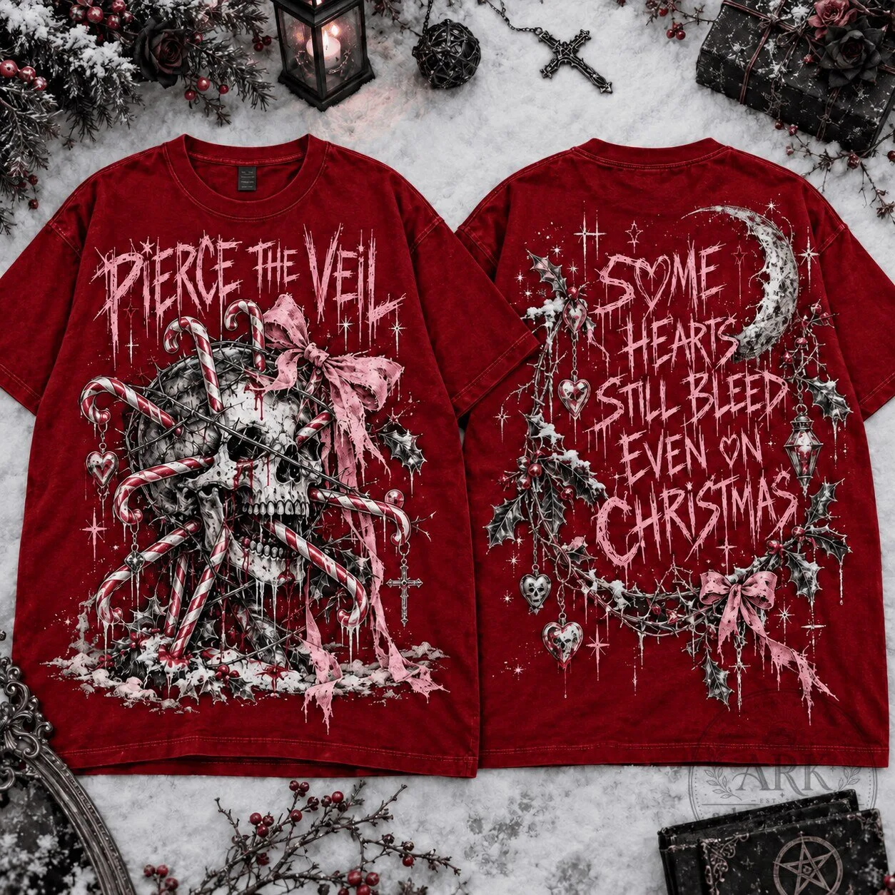 Pierce The Veil Christmas Skull Candy Cane Red T-Shirt